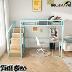 Bellemave® Metal Full Loft Bed with Staircase, Desk, USB Charging, Wardrobe and Storage Drawers & Shelves for Adults, Kids, Teens - Bellemave