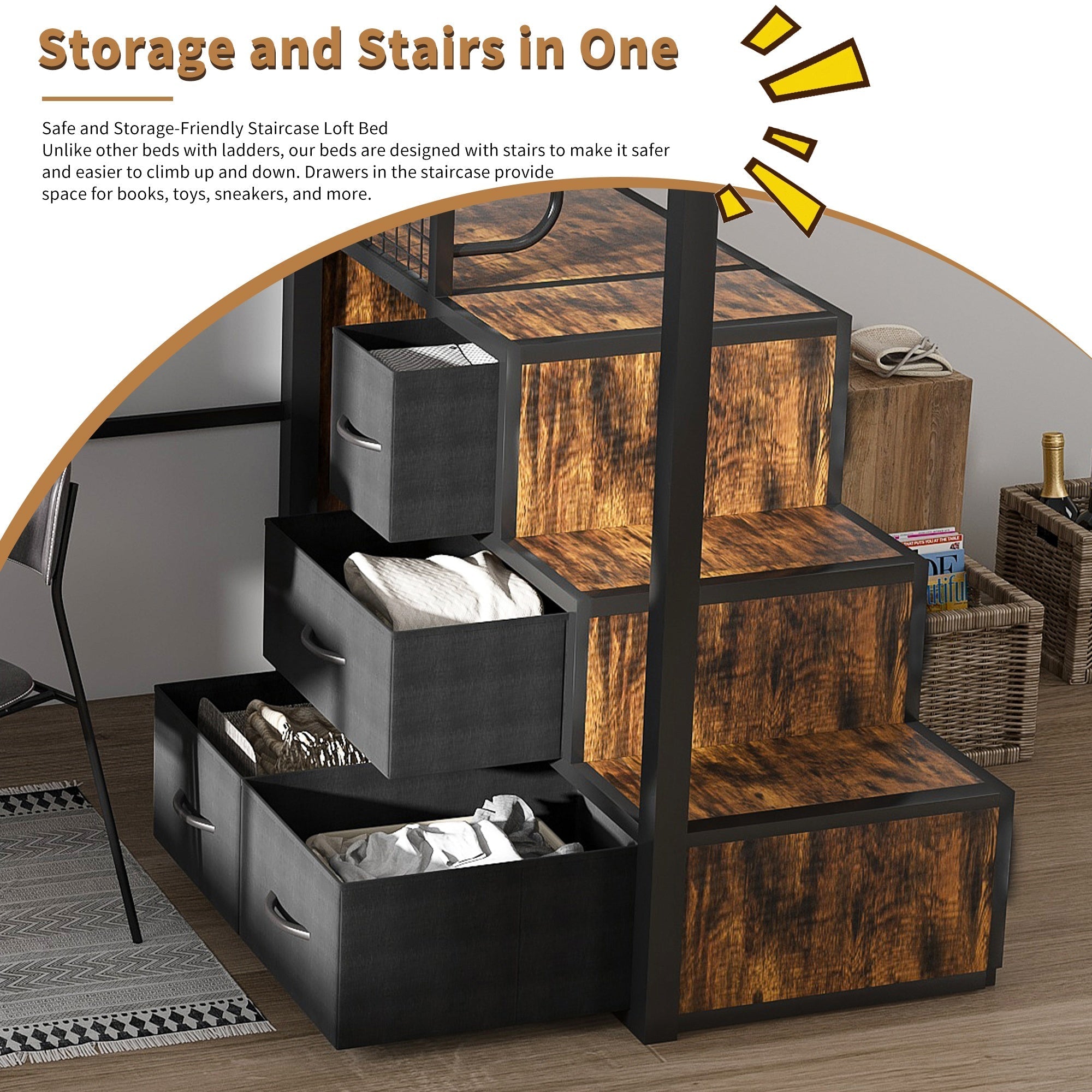 Bellemave® Metal Full Loft Bed with Staircase, Desk, USB Charging, Wardrobe and Storage Drawers & Shelves for Adults, Kids, Teens - Bellemave