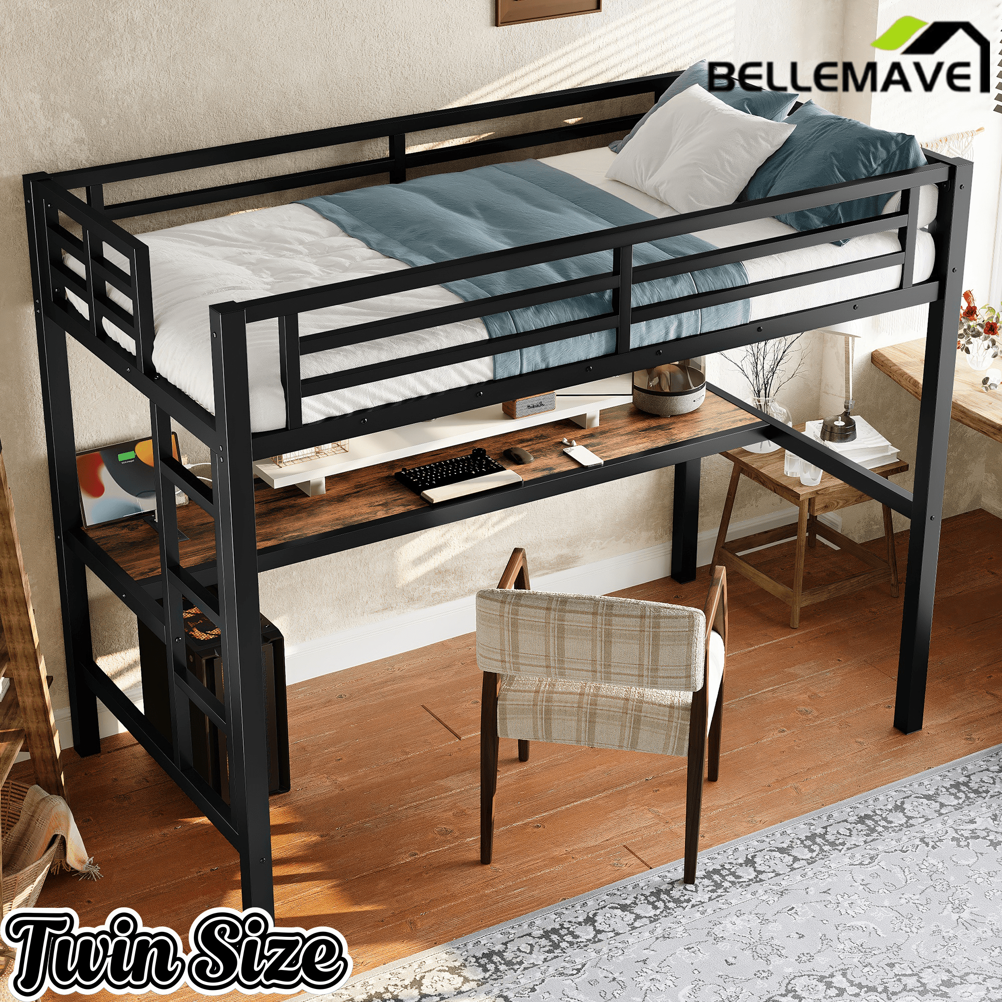 Bellemave® Metal Full Size Loft Bed with Desk and Charging Station,Heavy Duty Loft Bed Frame with LED Lights and USB, Black - Bellemave