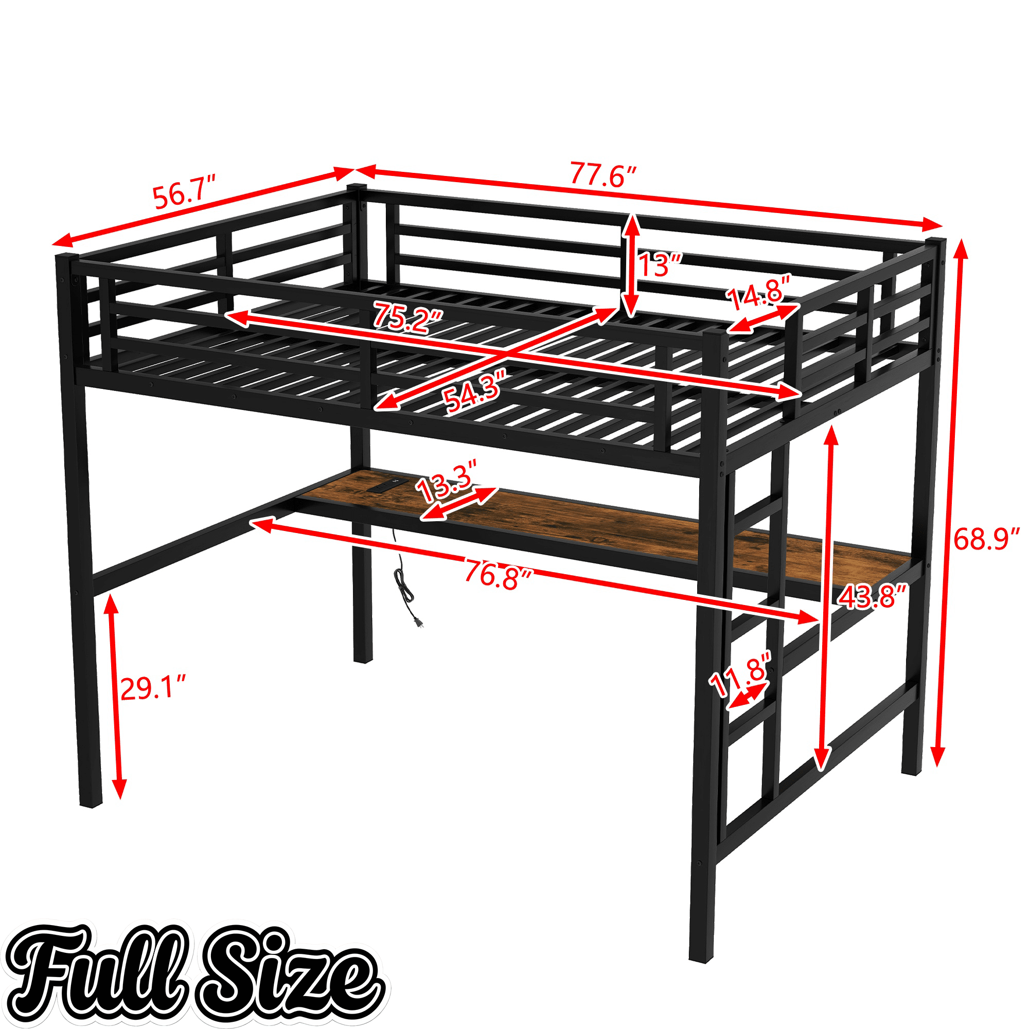 Bellemave® Metal Full Size Loft Bed with Desk and Charging Station,Heavy Duty Loft Bed Frame with LED Lights and USB, Black - Bellemave