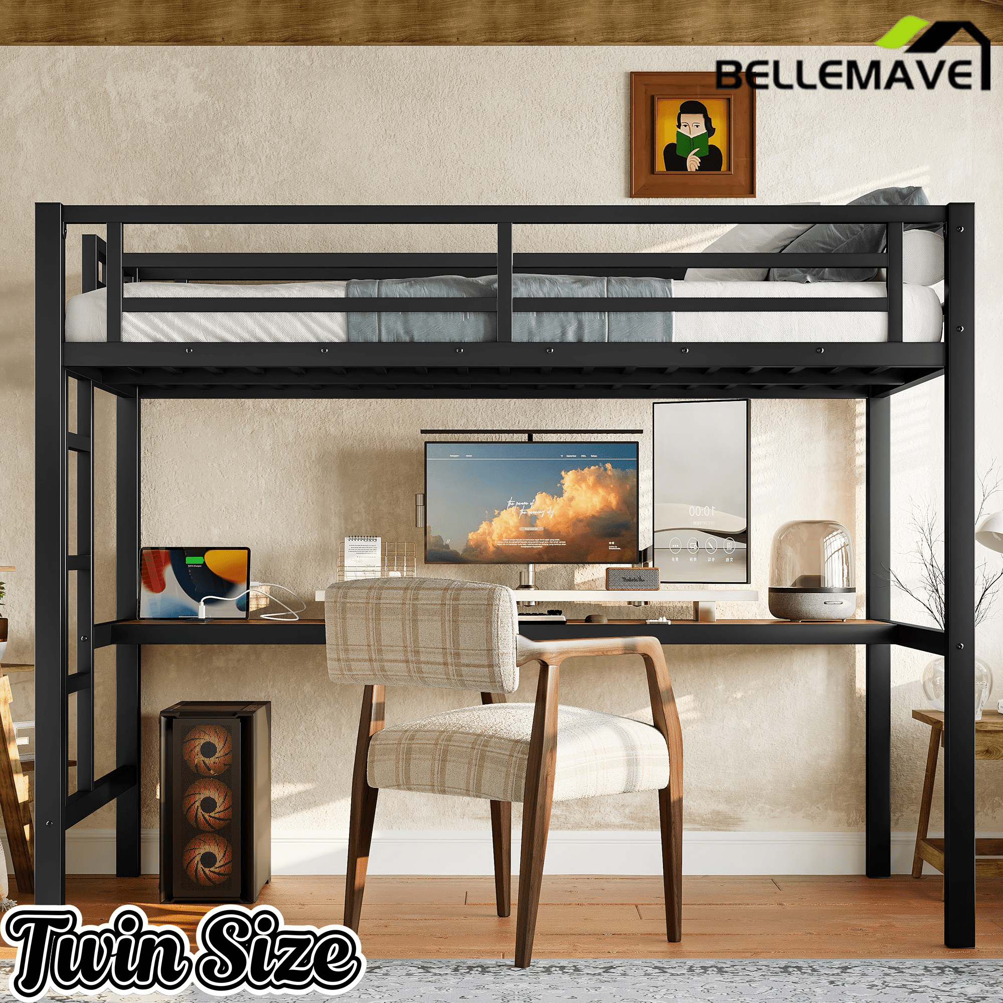 Bellemave® Metal Full Size Loft Bed with Desk and Charging Station,Heavy Duty Loft Bed Frame with LED Lights and USB, Black - Bellemave