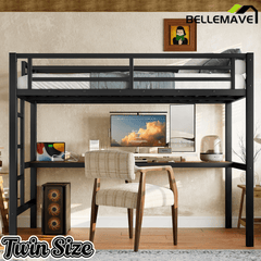 Bellemave® Metal Full Size Loft Bed with Desk and Charging Station,Heavy Duty Loft Bed Frame with LED Lights and USB, Black - Bellemave