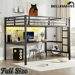 Bellemave® Metal Full Size Loft Bed with Desk and Charging Station,Heavy Duty Loft Bed Frame with LED Lights and USB, Black - Bellemave