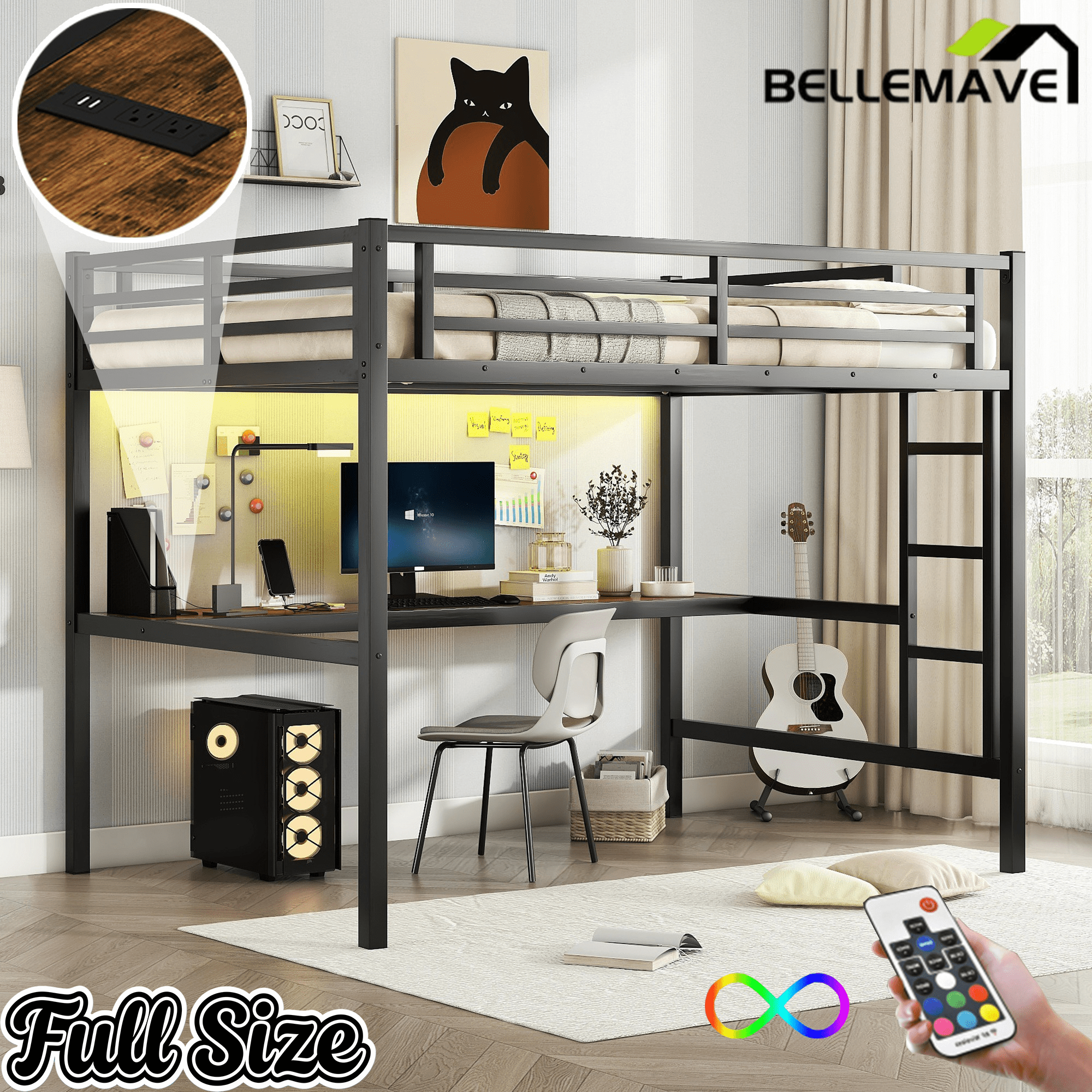 Bellemave® Metal Full Size Loft Bed with Desk and Charging Station,Heavy Duty Loft Bed Frame with LED Lights and USB, Black - Bellemave