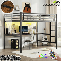 Bellemave® Metal Full Size Loft Bed with Desk and Charging Station,Heavy Duty Loft Bed Frame with LED Lights and USB, Black - Bellemave