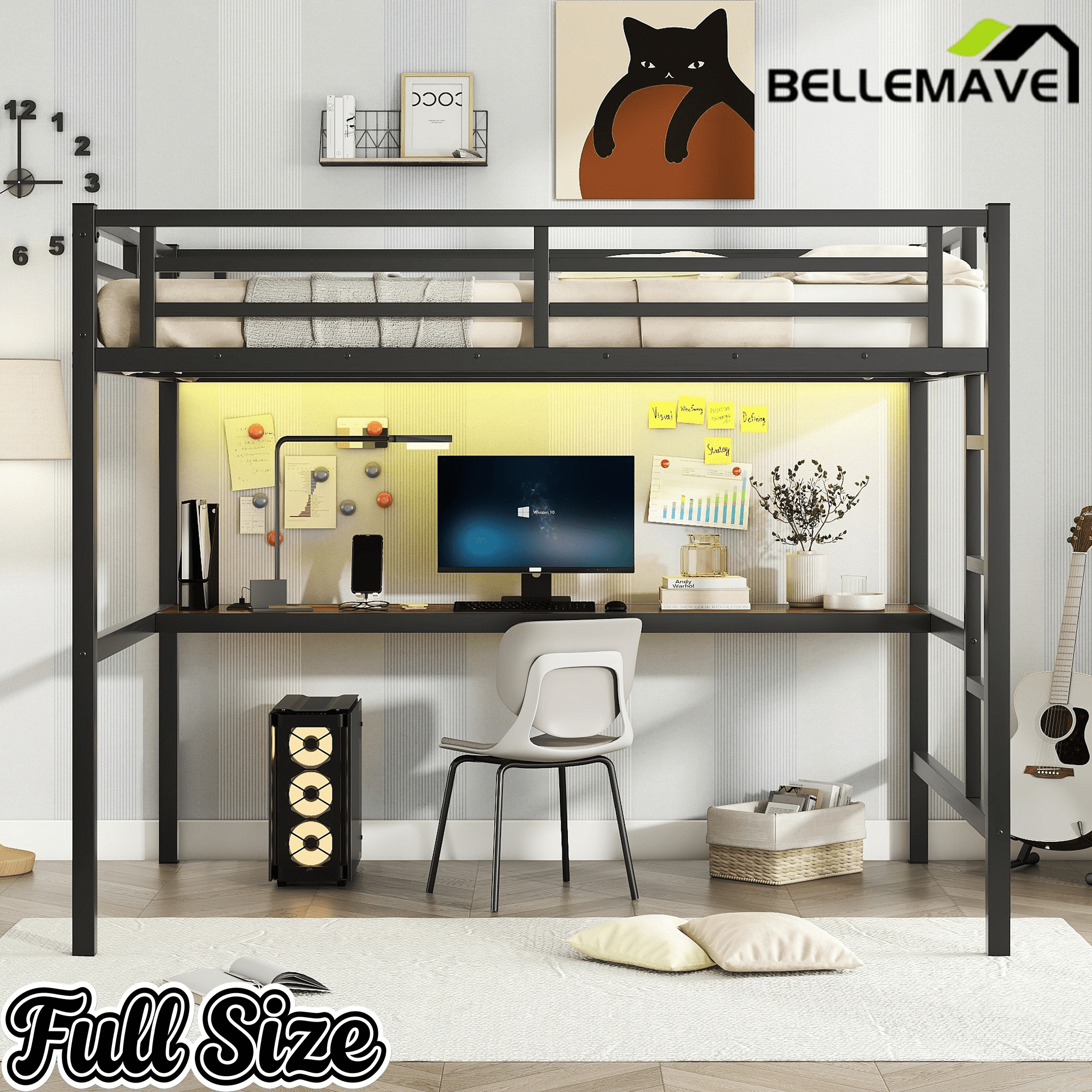 Bellemave® Metal Full Size Loft Bed with Desk and Charging Station,Heavy Duty Loft Bed Frame with LED Lights and USB, Black - Bellemave