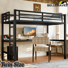 Bellemave® Metal Full Size Loft Bed with Desk and Charging Station,Heavy Duty Loft Bed Frame with LED Lights and USB, Black - Bellemave