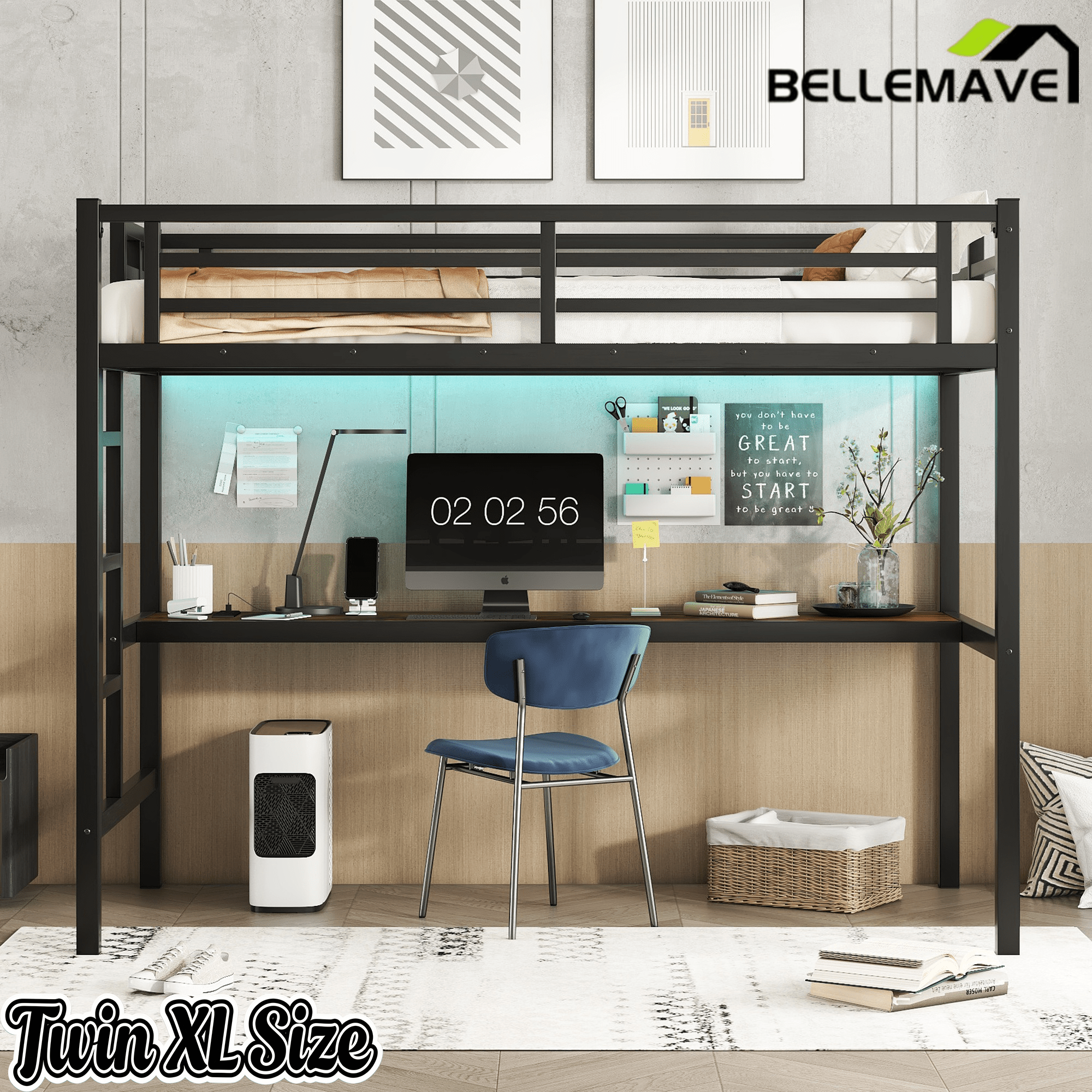 Bellemave® Metal Full Size Loft Bed with Desk and Charging Station,Heavy Duty Loft Bed Frame with LED Lights and USB, Black - Bellemave