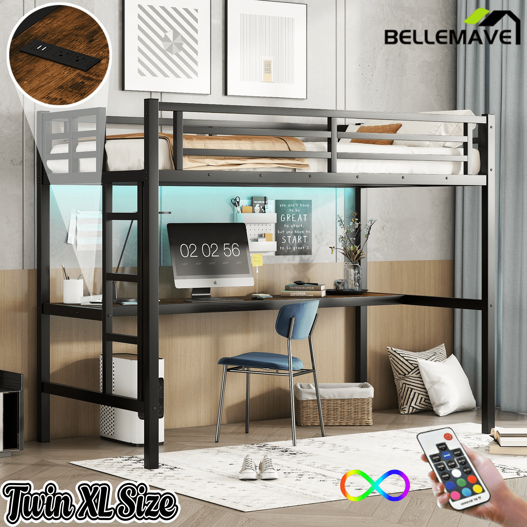 Bellemave® Metal Full Size Loft Bed with Desk and Charging Station,Heavy Duty Loft Bed Frame with LED Lights and USB, Black - Bellemave
