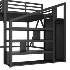 Bellemave® Metal Full Size Loft Bed with Stairs and Wardrobe,Heavy Duty Loft Bed Frame with LED Lights and Charging Station, Black Woodgrain - Bellemave