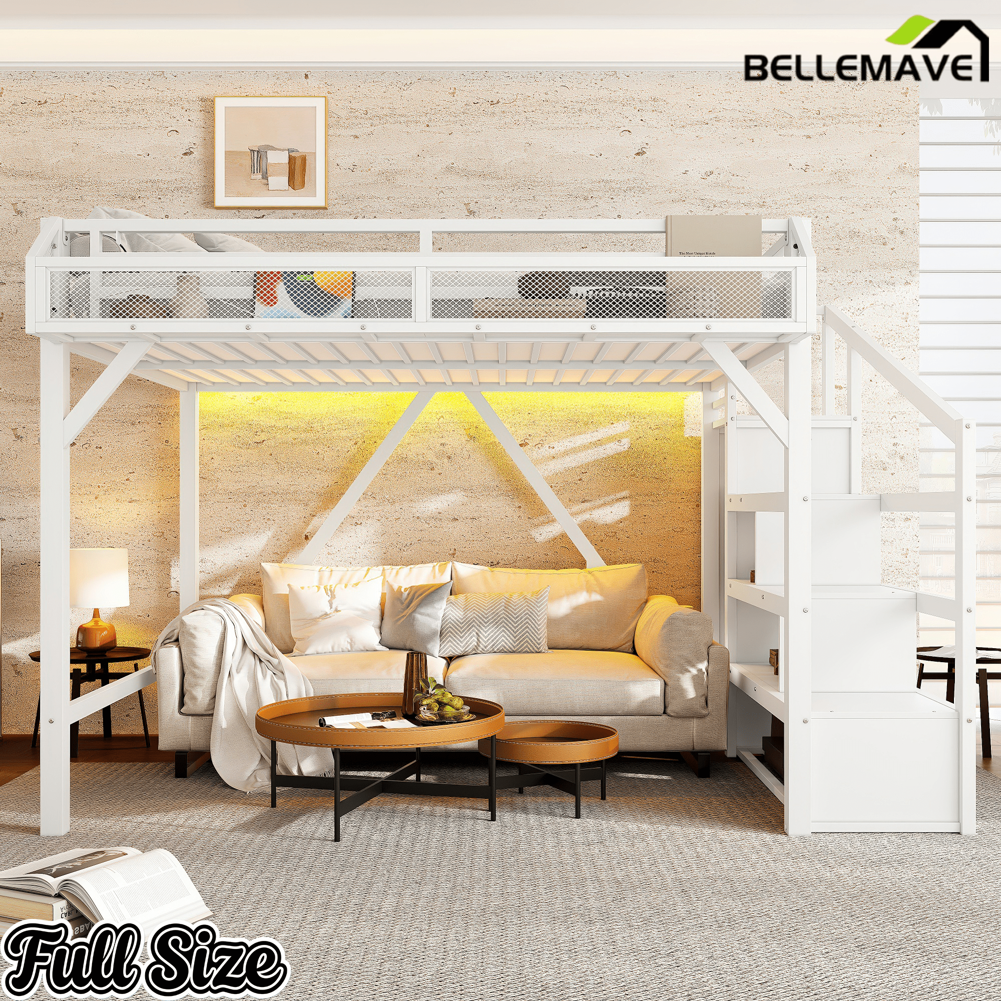 Bellemave® Metal Full Size Loft Bed with Stairs and Wardrobe,Heavy Duty Loft Bed Frame with LED Lights and Charging Station, Black Woodgrain - Bellemave