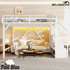 Bellemave® Metal Full Size Loft Bed with Stairs and Wardrobe,Heavy Duty Loft Bed Frame with LED Lights and Charging Station, Black Woodgrain - Bellemave