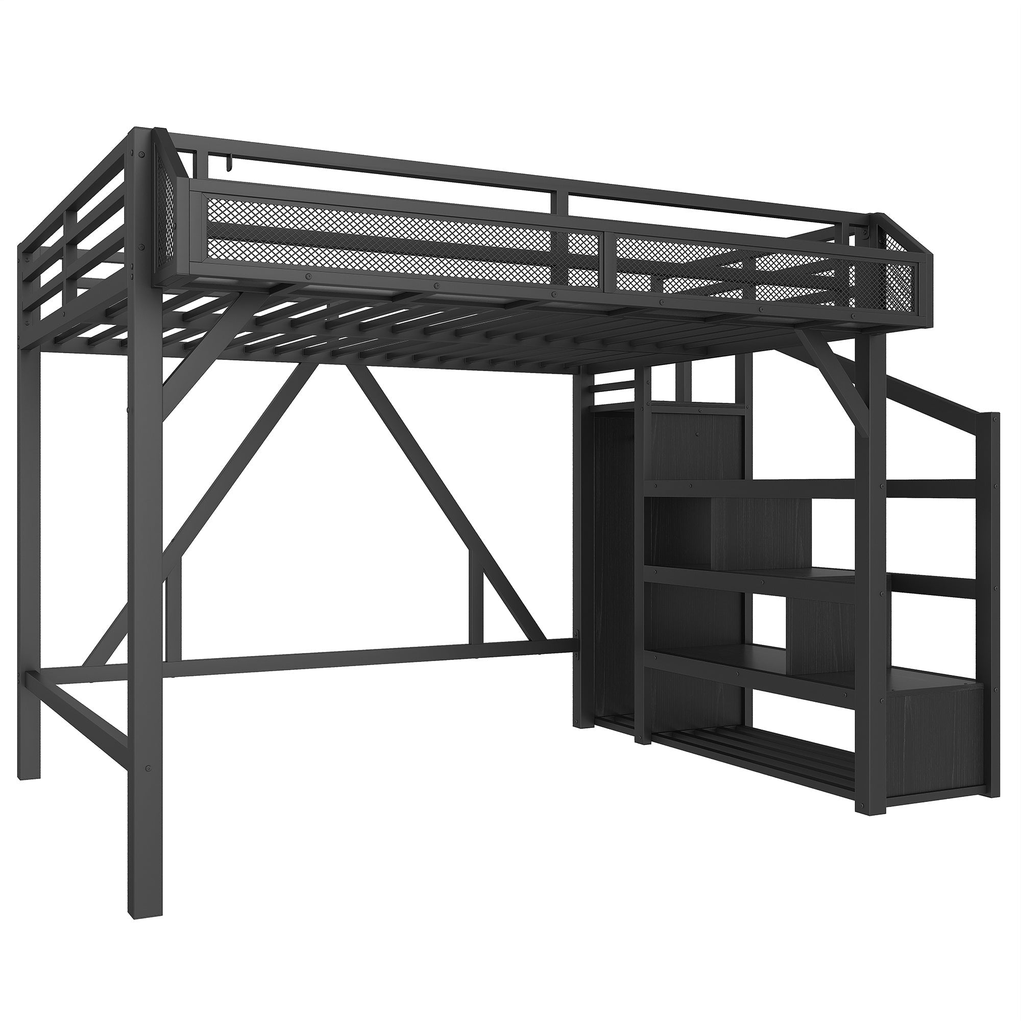 Bellemave® Metal Full Size Loft Bed with Stairs and Wardrobe,Heavy Duty Loft Bed Frame with LED Lights and Charging Station, Black Woodgrain - Bellemave