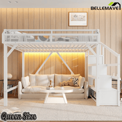 Bellemave® Metal Full Size Loft Bed with Stairs and Wardrobe,Heavy Duty Loft Bed Frame with LED Lights and Charging Station, Black Woodgrain - Bellemave