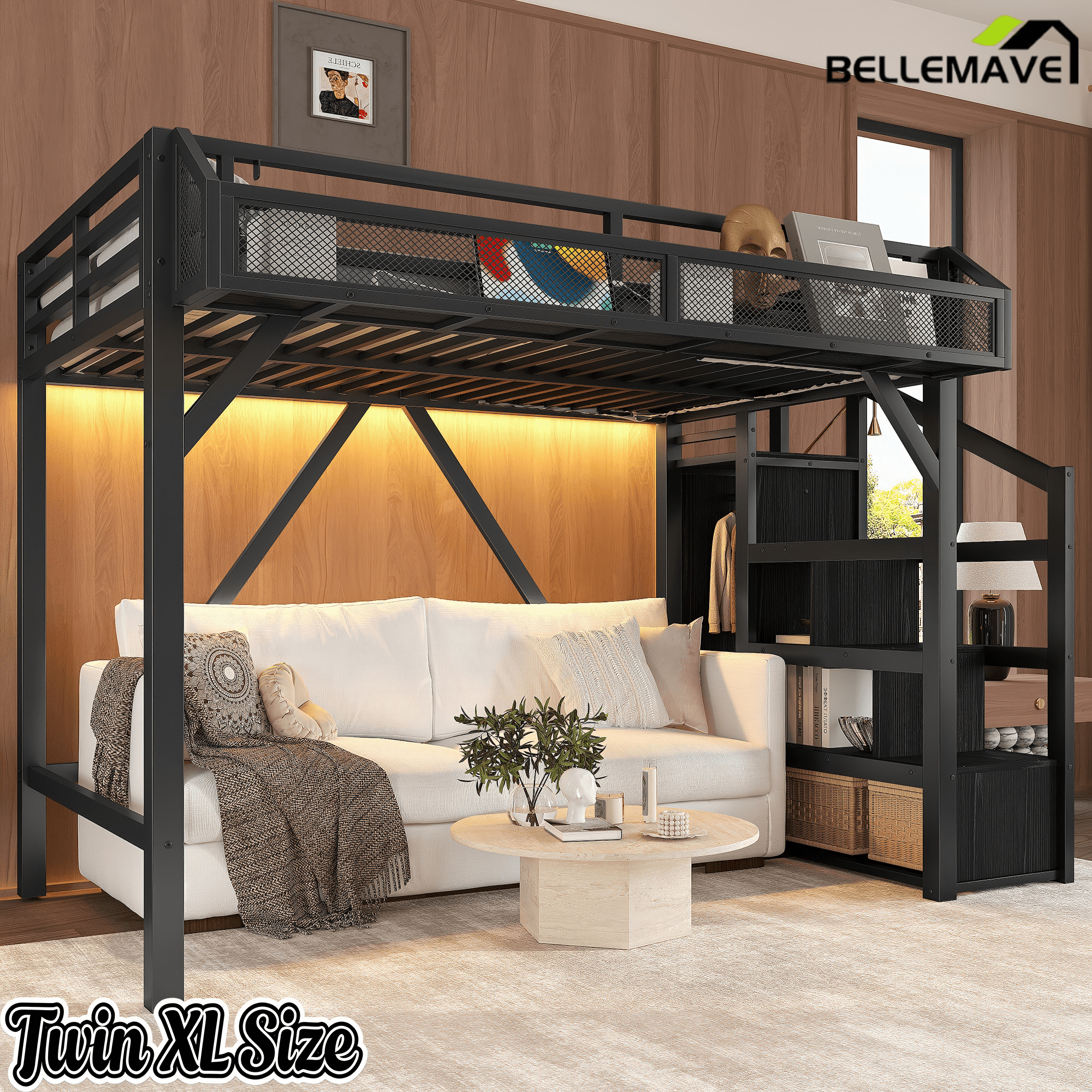 Bellemave® Metal Full Size Loft Bed with Stairs and Wardrobe,Heavy Duty Loft Bed Frame with LED Lights and Charging Station, Black Woodgrain - Bellemave