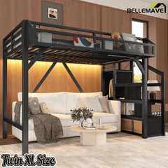 Bellemave® Metal Full Size Loft Bed with Stairs and Wardrobe,Heavy Duty Loft Bed Frame with LED Lights and Charging Station, Black Woodgrain - Bellemave