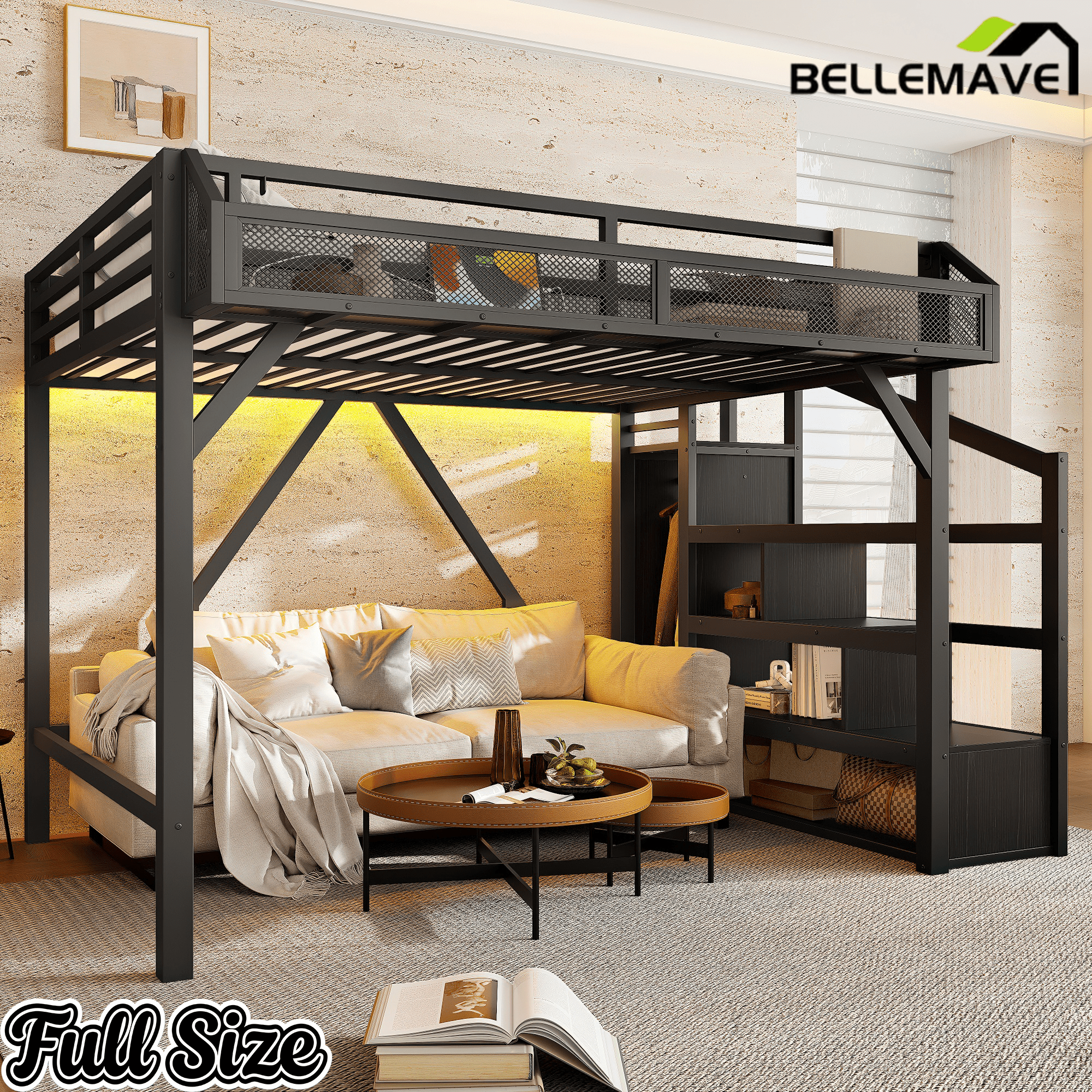 Bellemave® Metal Full Size Loft Bed with Stairs and Wardrobe,Heavy Duty Loft Bed Frame with LED Lights and Charging Station, Black Woodgrain - Bellemave