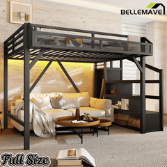 Bellemave® Metal Full Size Loft Bed with Stairs and Wardrobe,Heavy Duty Loft Bed Frame with LED Lights and Charging Station, Black Woodgrain - Bellemave