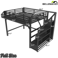 Bellemave® Metal Full Size Loft Bed with Stairs and Wardrobe,Heavy Duty Loft Bed Frame with LED Lights and Charging Station, Black Woodgrain - Bellemave