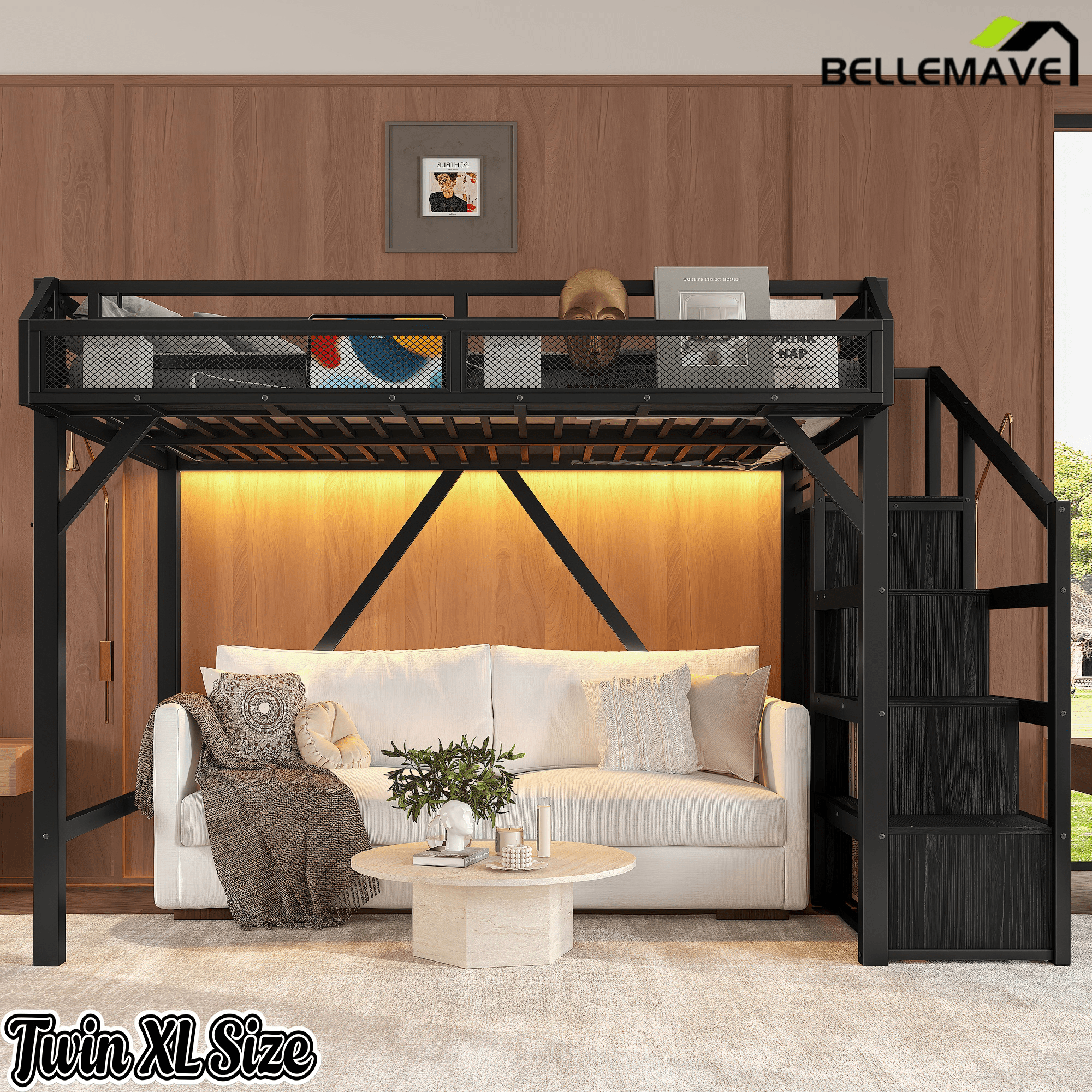 Bellemave® Metal Full Size Loft Bed with Stairs and Wardrobe,Heavy Duty Loft Bed Frame with LED Lights and Charging Station, Black Woodgrain - Bellemave