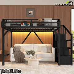 Bellemave® Metal Full Size Loft Bed with Stairs and Wardrobe,Heavy Duty Loft Bed Frame with LED Lights and Charging Station, Black Woodgrain - Bellemave