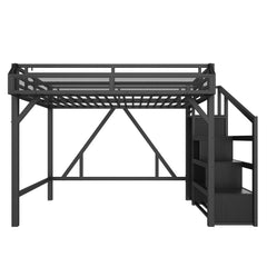 Bellemave® Metal Full Size Loft Bed with Stairs and Wardrobe,Heavy Duty Loft Bed Frame with LED Lights and Charging Station, Black Woodgrain - Bellemave