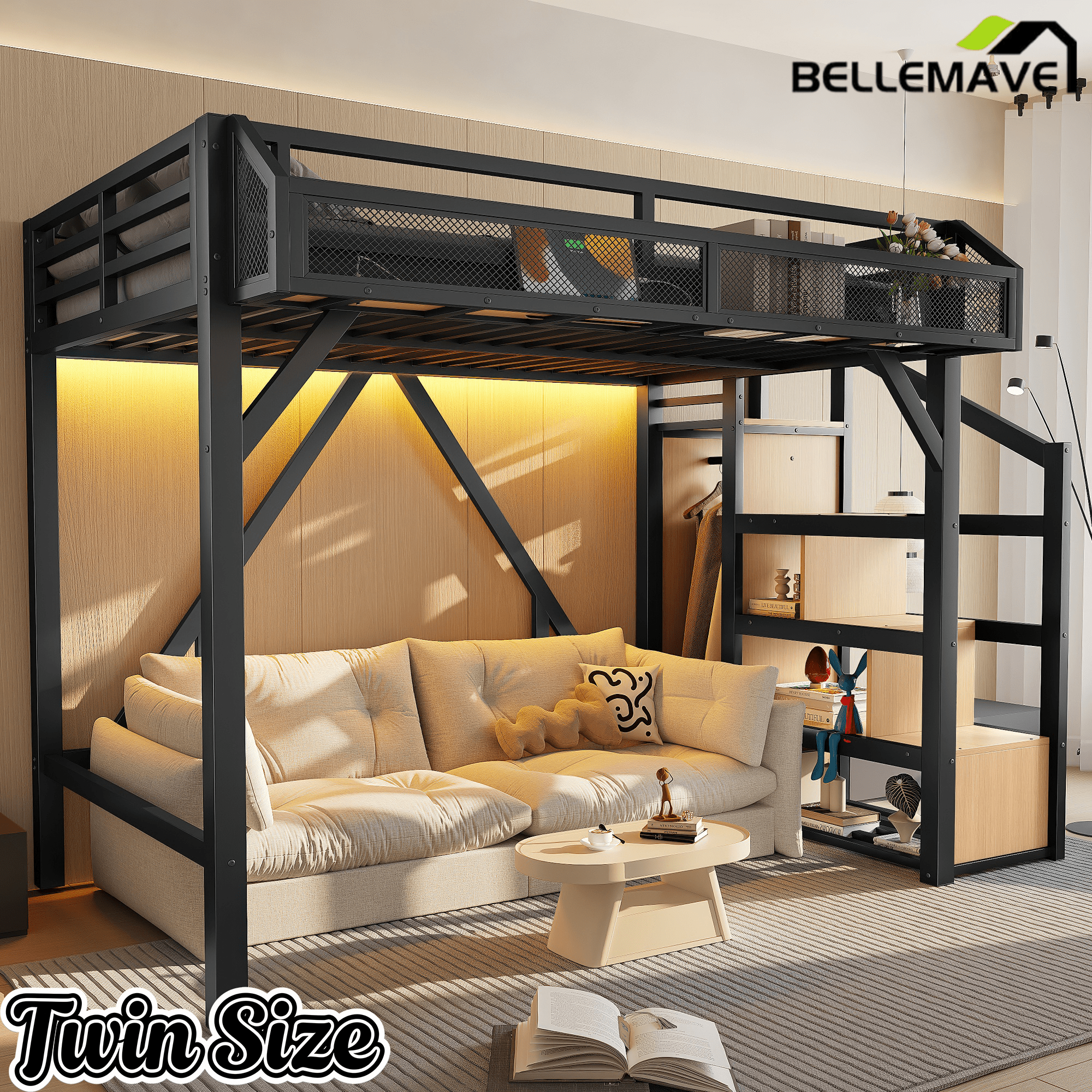 Bellemave® Metal Full Size Loft Bed with Stairs and Wardrobe,Heavy Duty Loft Bed Frame with LED Lights and Charging Station, Black Woodgrain - Bellemave