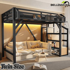 Bellemave® Metal Full Size Loft Bed with Stairs and Wardrobe,Heavy Duty Loft Bed Frame with LED Lights and Charging Station, Black Woodgrain - Bellemave
