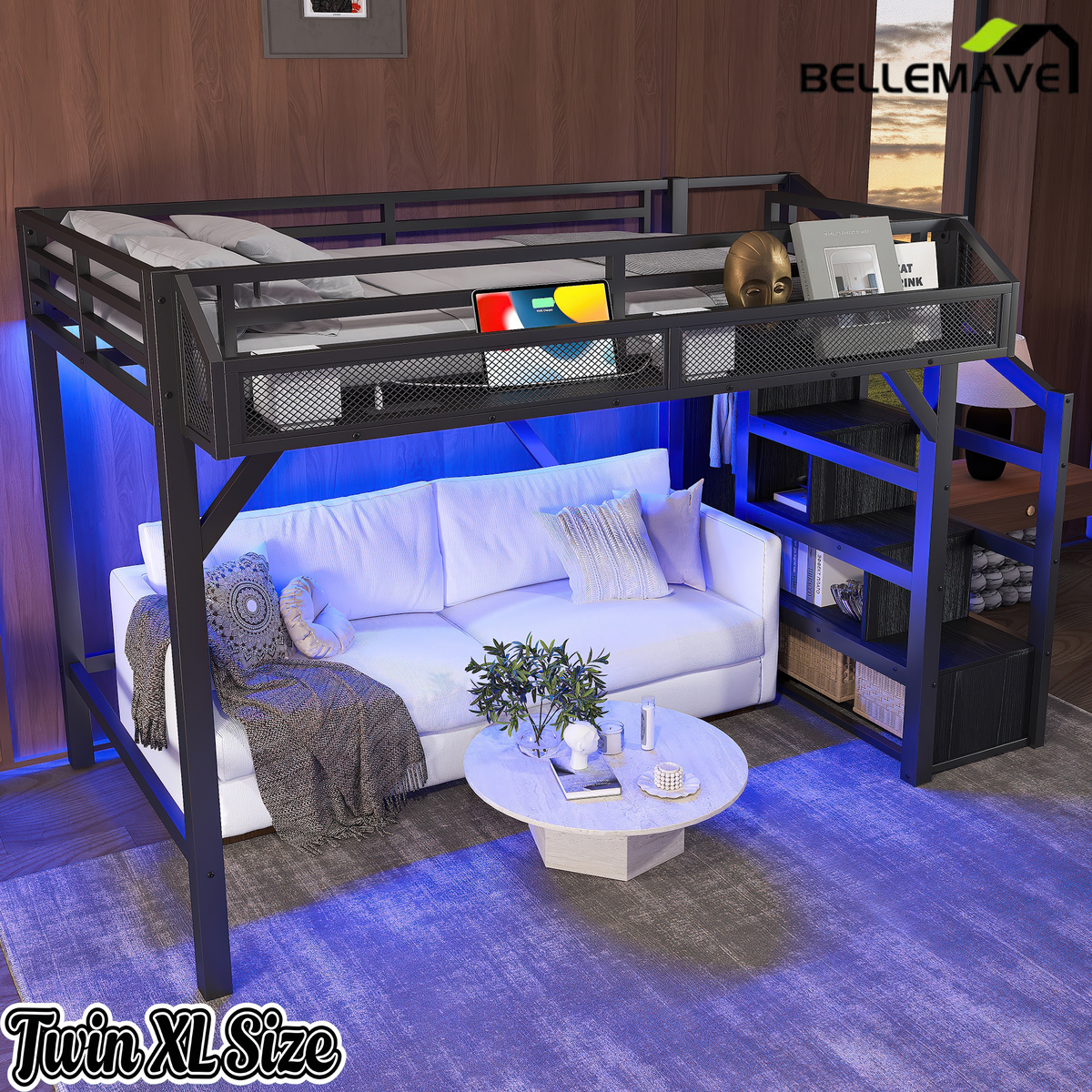 Bellemave® Metal Full Size Loft Bed with Stairs and Wardrobe,Heavy Duty Loft Bed Frame with LED Lights and Charging Station, Black Woodgrain - Bellemave