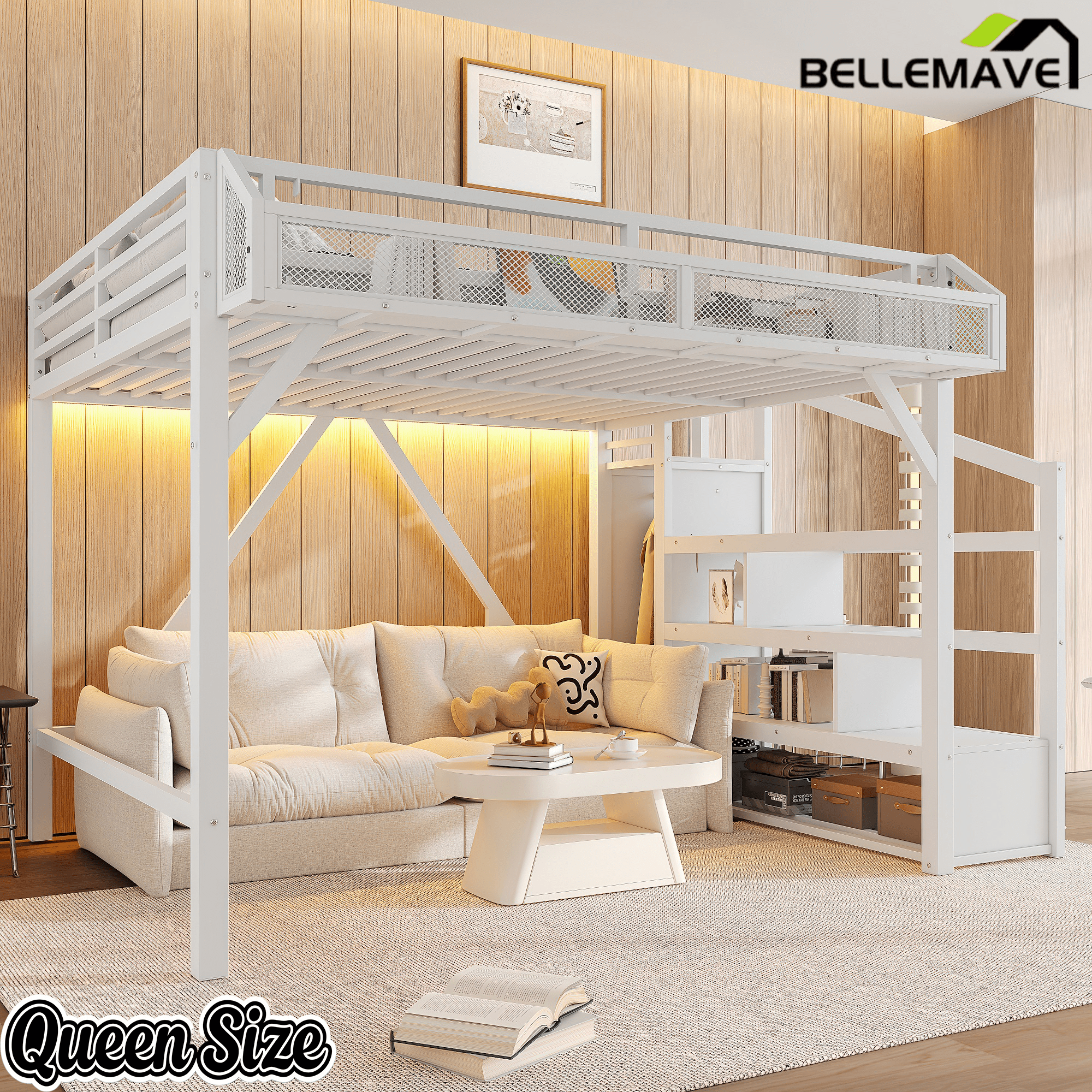 Bellemave® Metal Full Size Loft Bed with Stairs and Wardrobe,Heavy Duty Loft Bed Frame with LED Lights and Charging Station, Black Woodgrain - Bellemave