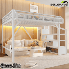 Bellemave® Metal Full Size Loft Bed with Stairs and Wardrobe,Heavy Duty Loft Bed Frame with LED Lights and Charging Station, Black Woodgrain - Bellemave