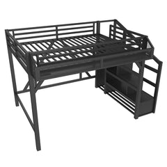 Bellemave® Metal Full Size Loft Bed with Stairs and Wardrobe,Heavy Duty Loft Bed Frame with LED Lights and Charging Station, Black Woodgrain - Bellemave