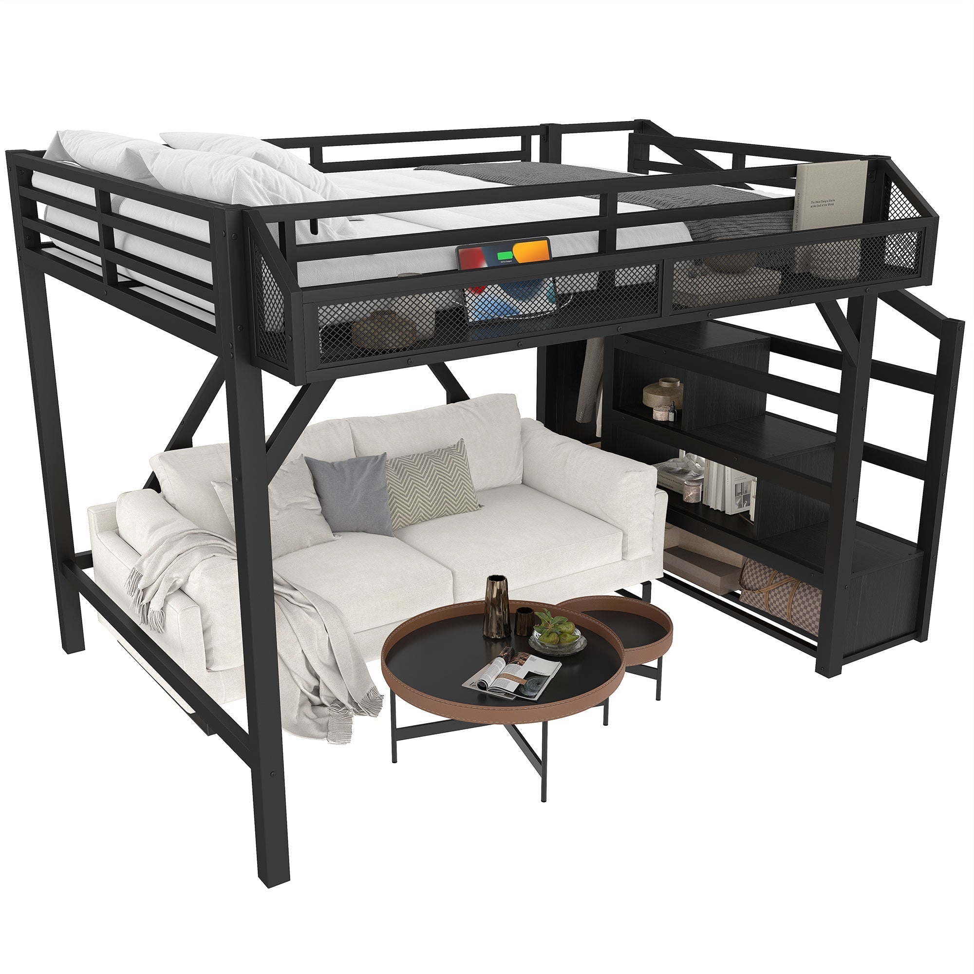Bellemave® Metal Full Size Loft Bed with Stairs and Wardrobe,Heavy Duty Loft Bed Frame with LED Lights and Charging Station, Black Woodgrain - Bellemave
