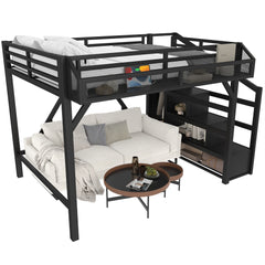 Bellemave® Metal Full Size Loft Bed with Stairs and Wardrobe,Heavy Duty Loft Bed Frame with LED Lights and Charging Station, Black Woodgrain - Bellemave