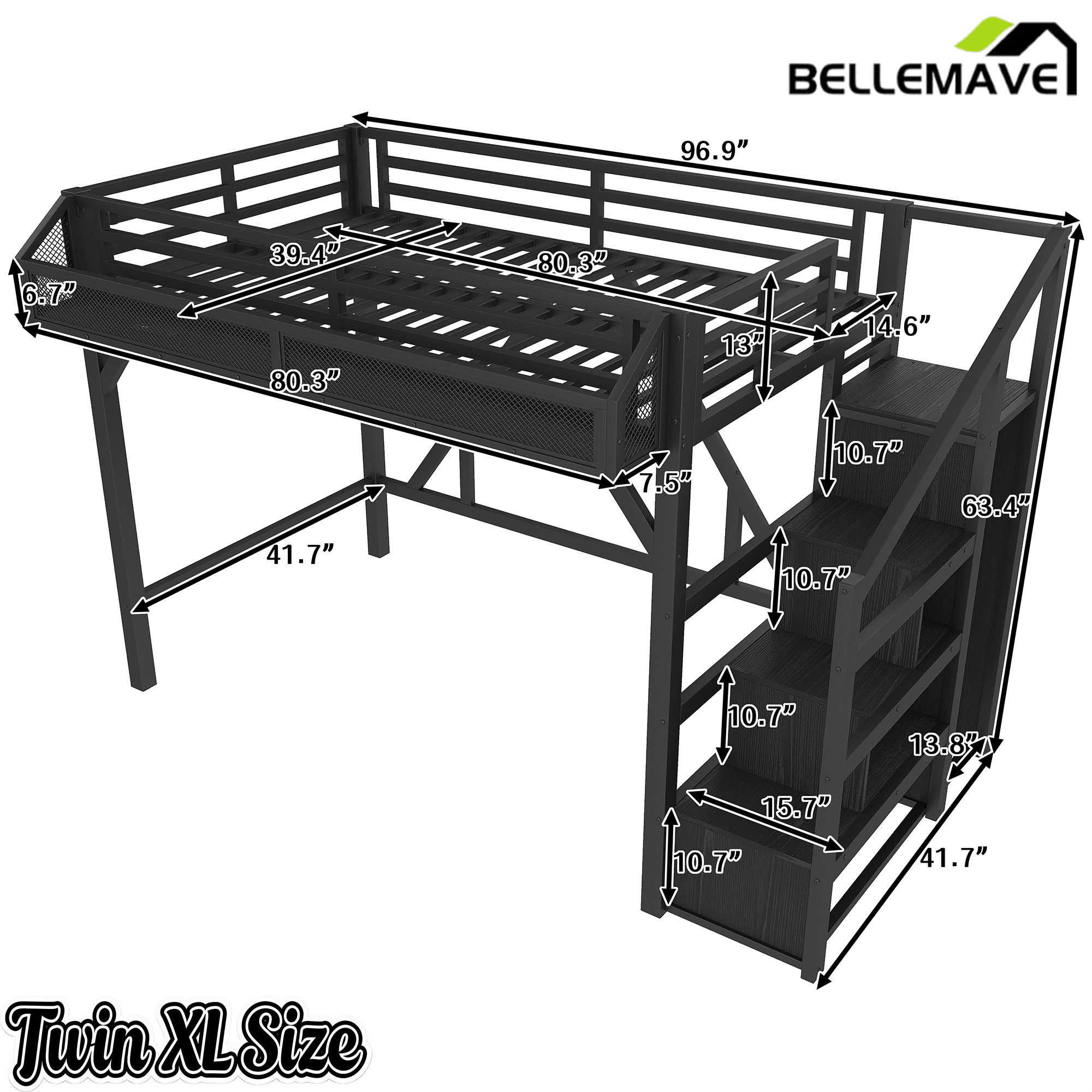 Bellemave® Metal Full Size Loft Bed with Stairs and Wardrobe,Heavy Duty Loft Bed Frame with LED Lights and Charging Station, Black Woodgrain - Bellemave
