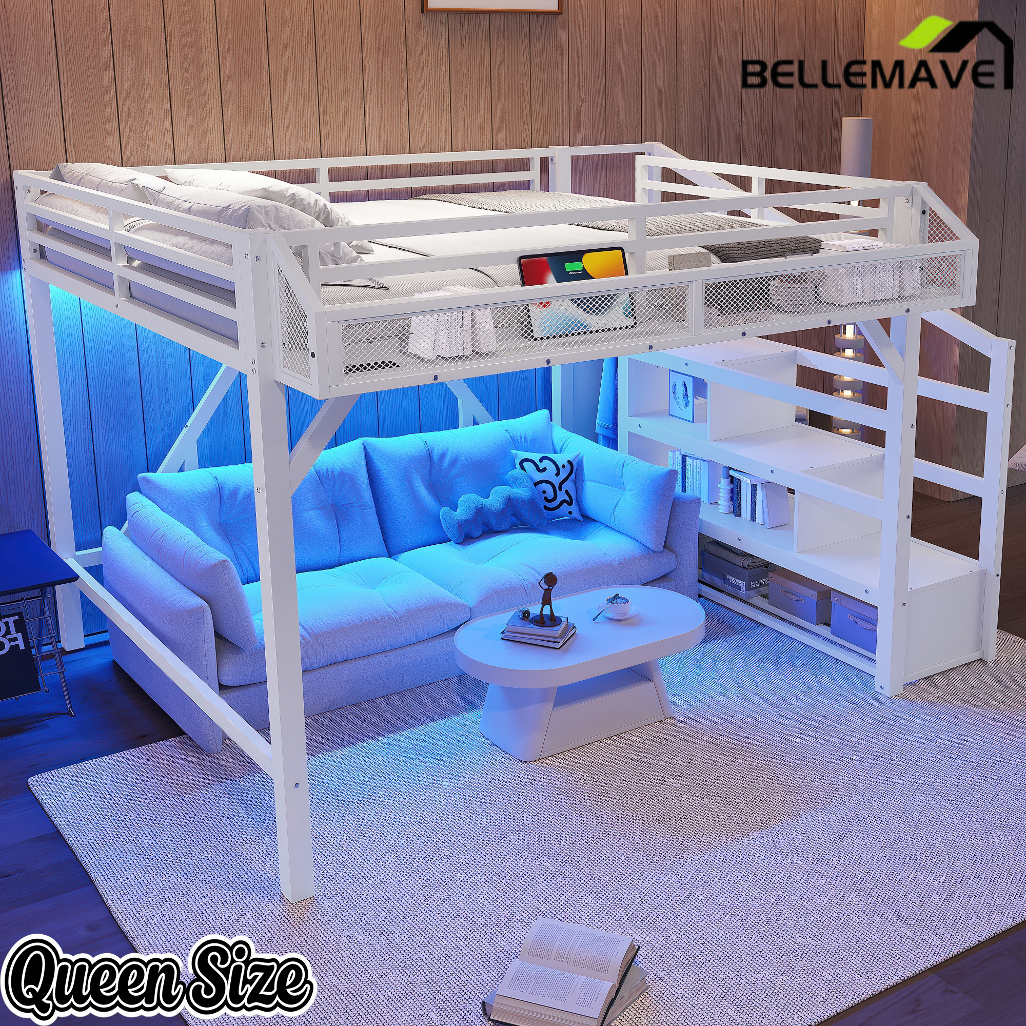 Bellemave® Metal Full Size Loft Bed with Stairs and Wardrobe,Heavy Duty Loft Bed Frame with LED Lights and Charging Station, Black Woodgrain - Bellemave