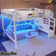 Bellemave® Metal Full Size Loft Bed with Stairs and Wardrobe,Heavy Duty Loft Bed Frame with LED Lights and Charging Station, Black Woodgrain - Bellemave