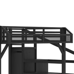 Bellemave® Metal Full Size Loft Bed with Stairs and Wardrobe,Heavy Duty Loft Bed Frame with LED Lights and Charging Station, Black Woodgrain - Bellemave