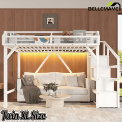 Bellemave® Metal Full Size Loft Bed with Stairs and Wardrobe,Heavy Duty Loft Bed Frame with LED Lights and Charging Station, Black Woodgrain - Bellemave