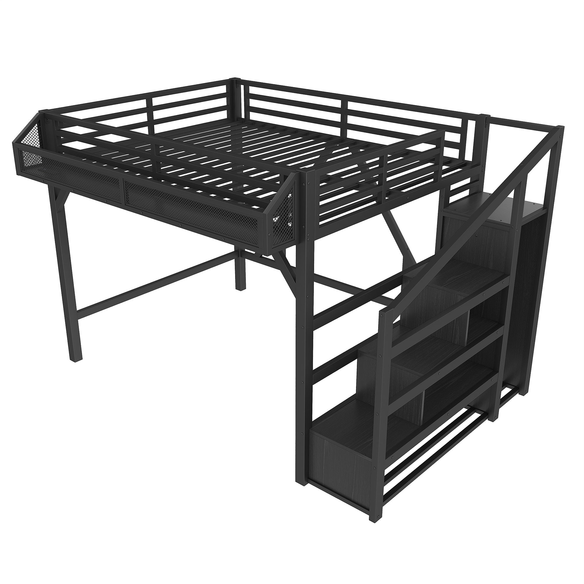 Bellemave® Metal Full Size Loft Bed with Stairs and Wardrobe,Heavy Duty Loft Bed Frame with LED Lights and Charging Station, Black Woodgrain - Bellemave