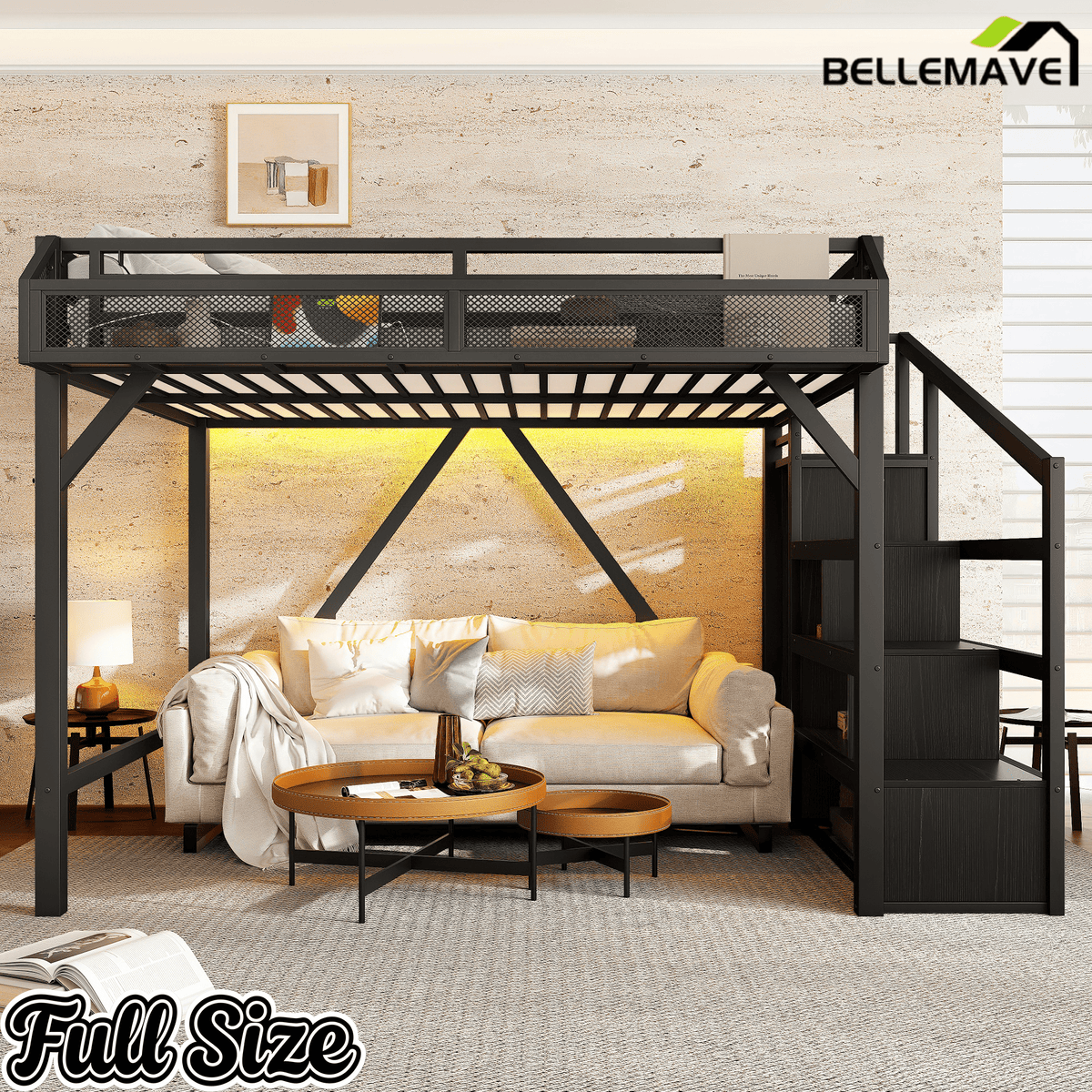 Bellemave® Metal Full Size Loft Bed with Stairs and Wardrobe,Heavy Duty Loft Bed Frame with LED Lights and Charging Station, Black Woodgrain - Bellemave
