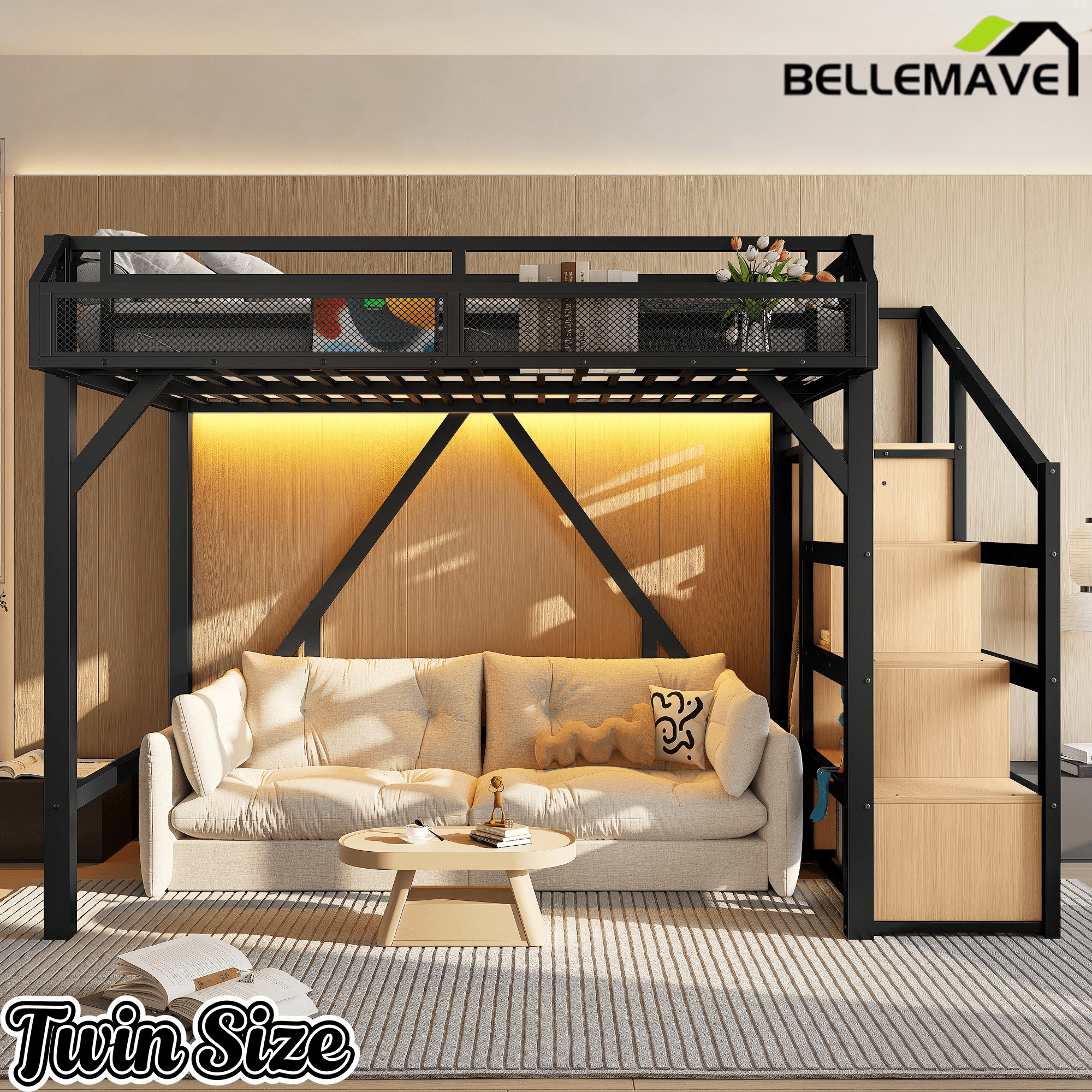 Bellemave® Metal Full Size Loft Bed with Stairs and Wardrobe,Heavy Duty Loft Bed Frame with LED Lights and Charging Station, Black Woodgrain - Bellemave