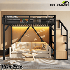 Bellemave® Metal Full Size Loft Bed with Stairs and Wardrobe,Heavy Duty Loft Bed Frame with LED Lights and Charging Station, Black Woodgrain - Bellemave