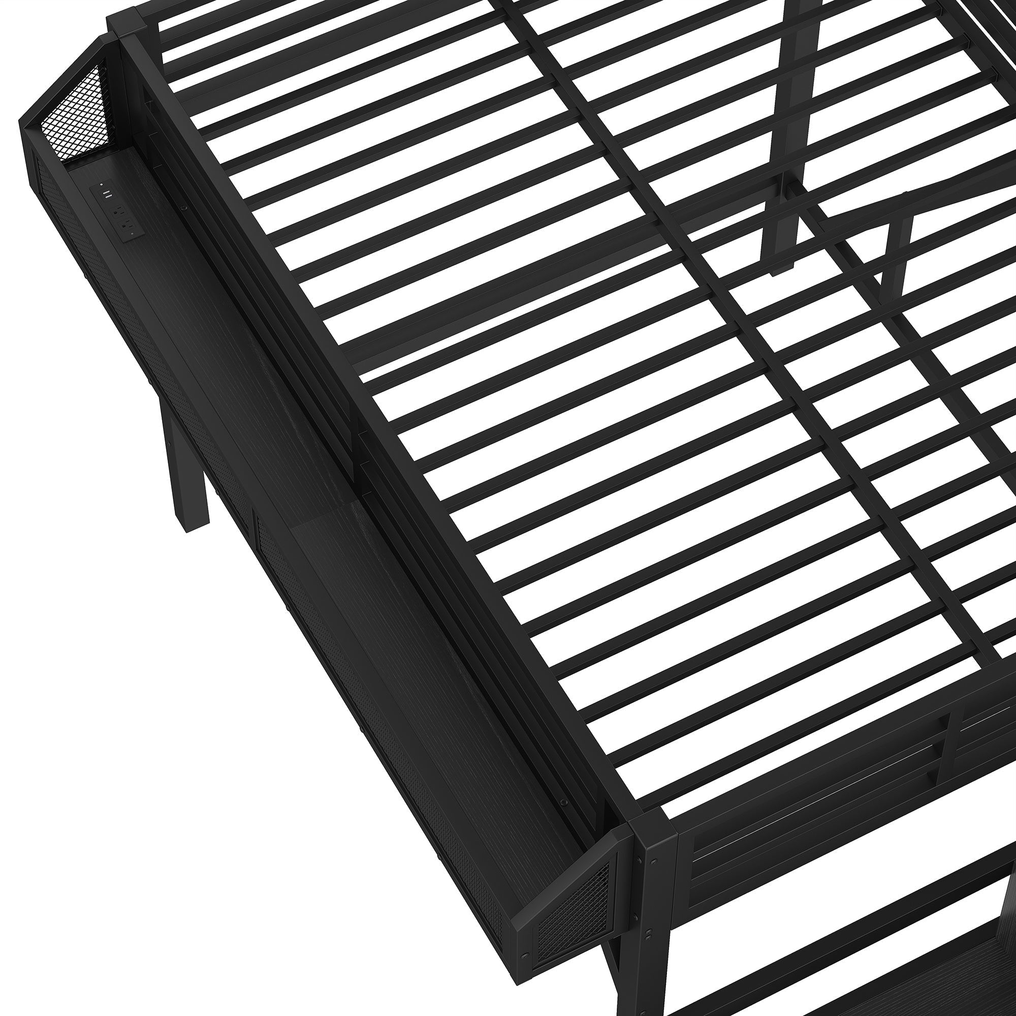 Bellemave® Metal Full Size Loft Bed with Stairs and Wardrobe,Heavy Duty Loft Bed Frame with LED Lights and Charging Station, Black Woodgrain - Bellemave