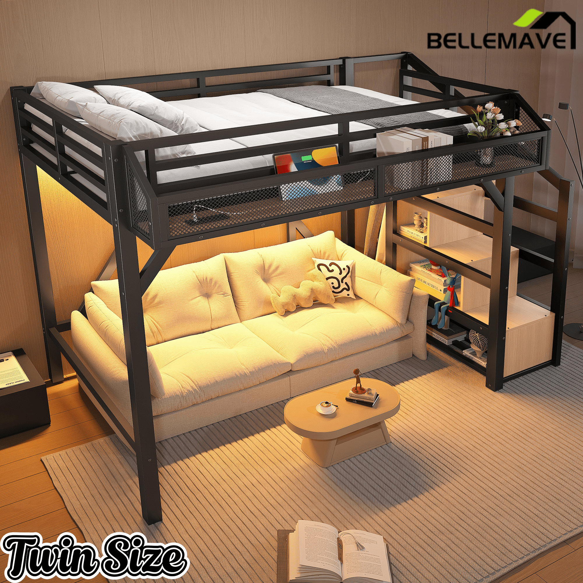 Bellemave® Metal Full Size Loft Bed with Stairs and Wardrobe,Heavy Duty Loft Bed Frame with LED Lights and Charging Station, Black Woodgrain - Bellemave