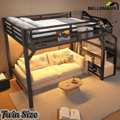 Bellemave® Metal Full Size Loft Bed with Stairs and Wardrobe,Heavy Duty Loft Bed Frame with LED Lights and Charging Station, Black Woodgrain - Bellemave