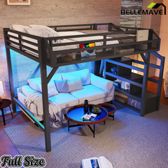 Bellemave® Metal Full Size Loft Bed with Stairs and Wardrobe,Heavy Duty Loft Bed Frame with LED Lights and Charging Station, Black Woodgrain - Bellemave