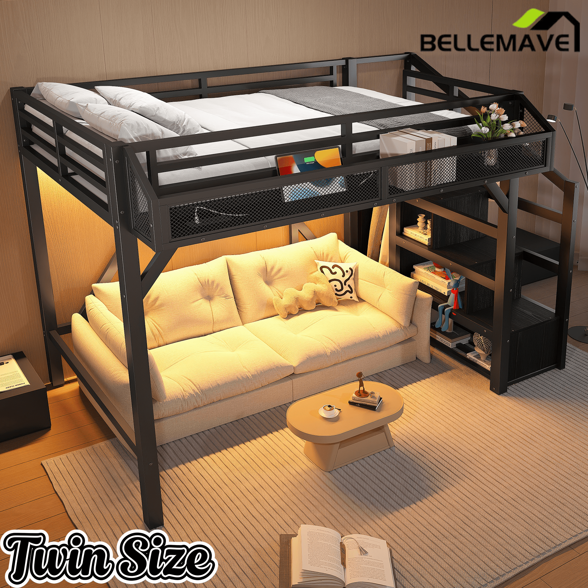 Bellemave® Metal Full Size Loft Bed with Stairs and Wardrobe,Heavy Duty Loft Bed Frame with LED Lights and Charging Station, Black Woodgrain - Bellemave