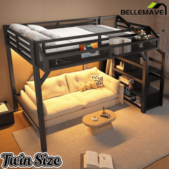 Bellemave® Metal Full Size Loft Bed with Stairs and Wardrobe,Heavy Duty Loft Bed Frame with LED Lights and Charging Station, Black Woodgrain - Bellemave
