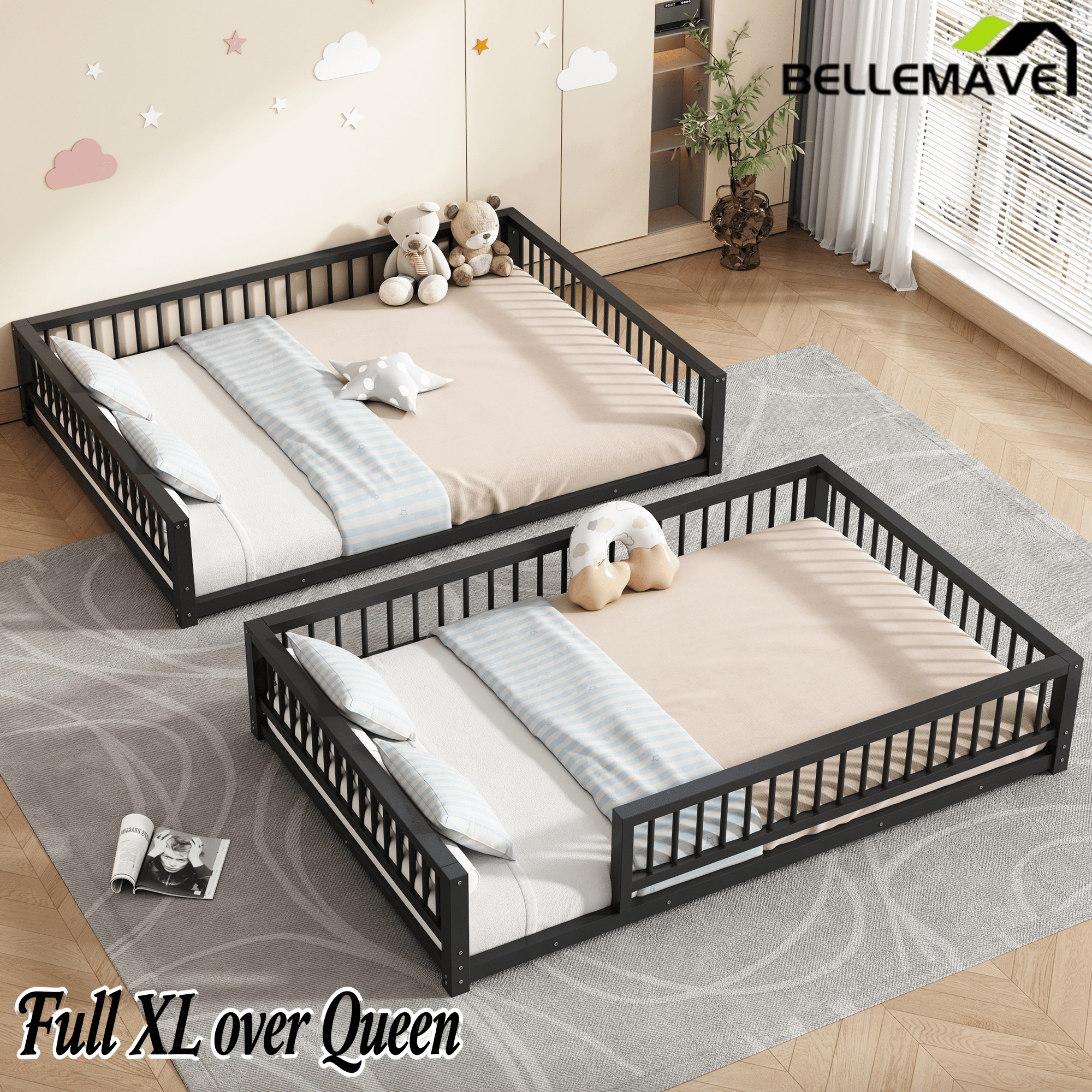 Bellemave® Metal Full XL Over Queen Floor bunk Bed with Ladder & Safety Guardrails, White - Bellemave